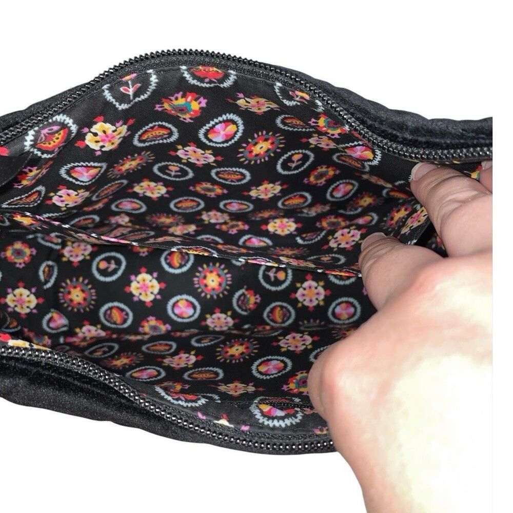 Vera Bradley Frannie Crescent Crossbody Purse Black Velvet Embroidered Floral - Picture 7 of 14